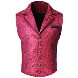 chmakmt Mens Victorian Steampunk Gothic Paisley Printed Single Breasted V-Neck Suit Vest/Tuxedo Waistcoat, Red, XX-Large