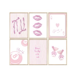 6Pcs Pink Coquette Wall Art How Lucky Are We Stripe Bow Wall Decor Unframed