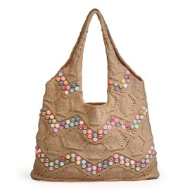 Boho Crochet Beach Bag for Women Woven Tote with Colorful Beads Cute Knitted Shoulder Bag Summer Beach Purse (Beige)