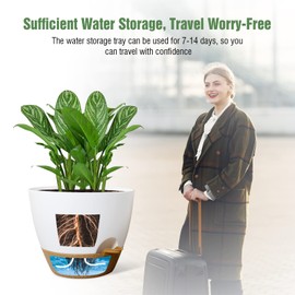 WOUSIWER - Macetas de riego automático de 10 pulgadas, paquete de 2 macetas grandes de plástico con depósito profundo y agujeros de alto drenaje para plantas y flores de interior y exterior, color blanco con terracota