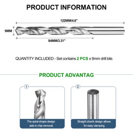 METALLIXITY Drill Bit (9mm) 2Pcs, 4241 High-Speed Steel Straight Shank Uncoated (Bright) 118° for Wood Plastic Iron Copper Aluminum Low Soft Metal
