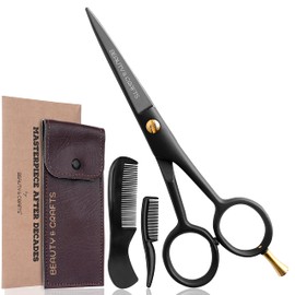 Beauty & Crafts- 5'' German Beard Mustache Scissors - 2 Mustache Comb for Facial Hair with Beautiful Pouch - Beard Trimming Scissors Use for Grooming, Cutting, and Styling of Mustache (Black)
