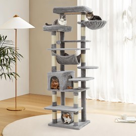 GOCAPTAIN 67" Large Cat Tree for Big Cats,Multi-Level Tower with Scratching Posts, Condo, Perches, Hammock, Tunnel & Feeding Station,Light Gray