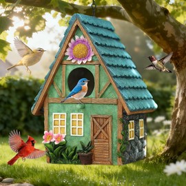 Casitas Colgantes para pájaros de Exterior Estilo cabaña con Detalles Florales: Casitas Decorativas de Resina pintadas a Mano para pájaros de Exterior, Ideales para pinzones Azules.