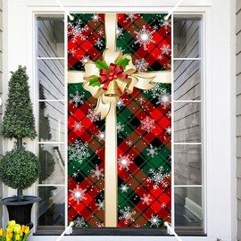 Ticuenicoa Christmas Gift Box Bowknot Door Cover Decoration Merry Xmas Red Green Grid Buffalo Plaids Snowflake Banner Porch Sign Hanging Banners for Front Door Outside Indoor Outdoor Party Decor