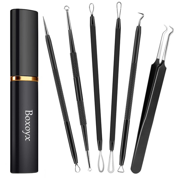 Boxoyx Pimple Popper Tool Kit - 6 Pcs Blackhead Remover Comedone Extractor Tool Kit with Metal Case for Quick and Easy Removal of Pimples, Blackheads, Zit Removing, Forehead, Facial and Nose(Black)