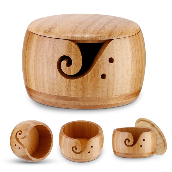 FUOBECIE Wood Knitting Bowl, Knitting Bowl Holder, Wool Storage Bowl,