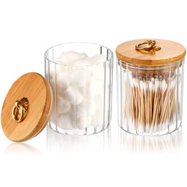 Irenare 2 Pack Glass Jars with Bamboo Lids Bathroom Canisters Apothecary Jars Set Cotton Ball Holder Bathroom Containers Cotton Dispenser Bathroom Storage Organization for Bathroom Farmhouse Favors