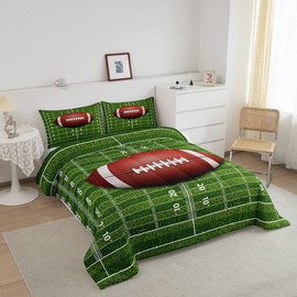 American Football Comforter Set Twin,Football Field Abstract Bedding Set 2pcs for Kids Teens Boys Girls Adults Room Decor, Soccer Sport Game Quilt Set Green Brown Duvet Insert with 1 Pillowcase