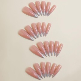 Pikabows Press On Nails Long Stiletto Almond Nude French Silver Fake Nails Full Cover Short Nails with Glue for Women