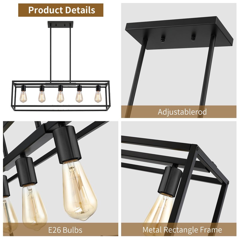 Yusist 5-Light Dining Room Light Fixture,Black Farmhouse Kitchen Island Lighting,Rustic