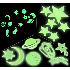 24 3D Glow in The Dark Magical Galaxy Planets, Shooting Stars and Moon Shapes, Florescent Wall Decals, Decor Stickers for Sensory Nursery, Baby Kids Children Bedroom Decoration (24 Galaxy & Planets)