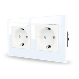 JIMEIDA Double Socket Glass in White Flush-Mounted, 2-Way Schuko Sockets Protective Contact Wall Socket 16 Amp, 250 V, 157 mm x 86 mm