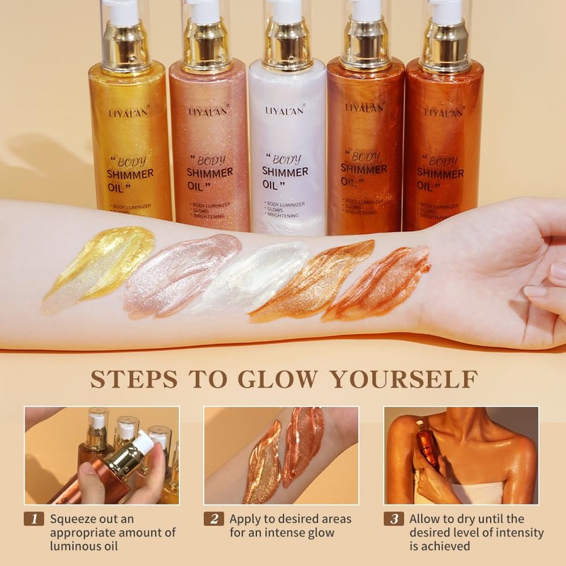Liyalan Shimmer Body Oil 5 Color Gold 3.38 Fl Oz