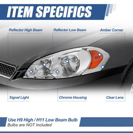 Auto Dynasty Headlights Assembly Compatible with 2006-2016 Chevy Impala/Impala Limited Monte Carlo, Driver and Passenger Side Halogen Headlamps Replacement, Chrome Housing Amber Corner