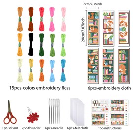 FREEBLOSS 6 Set Cross Stitch Bookmark Kits Fox Bookshelf Pattern Stamped Embroidery Kit Stitch Bookmarks DIY Book Marks Printed Cross Stitch Kits with Instructions for Beginners Adults, 8''x2.4''
