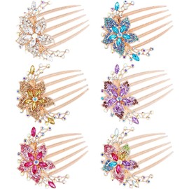 6 Pack Glitter Sparkly Jeweled Gems Crystals Rhinestones Gold Metal Hair Side Combs Slides with Long Teeth Hair Bun Chignon Accessories Hairpins Barrettes Clips for Women Girls (Style 1, One Size)