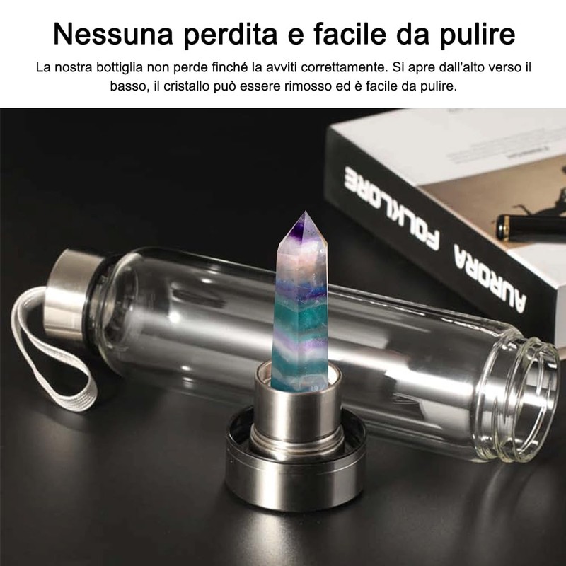 HINATAA Crystal Water Bottle, Removable Healing Natural Quartz Water Bottle,