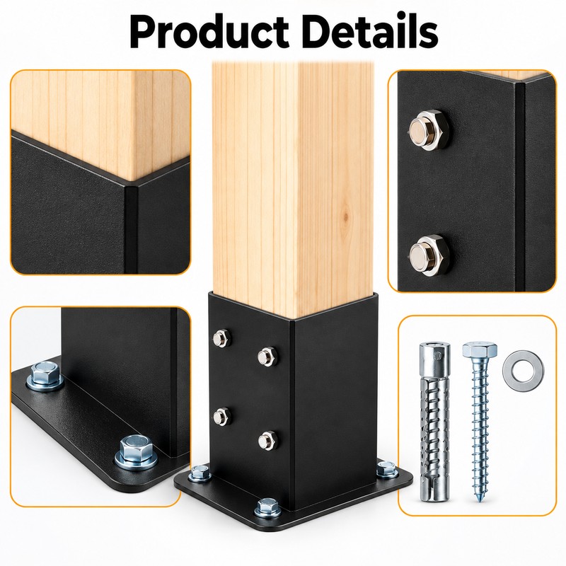 2/4-Pack 4x4 or 6x6 Post Base Brackets – Heavy-Duty Matte