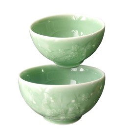 Twokiln Longquan celadon 4.5 inch 10 oz rice bowls,sushi dipping sauce bowl, green porcelain bowls, high temperature twice firing, natural mineral glaze lead-free, 2 pcs.(Plum blossom cyan)
