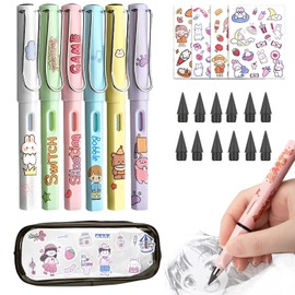 AIYMQ Lapiz Infinito, 6 Lapices Eternos y Pegatinas decorativas,con 12 puntas y Bolsa Organizadora,Eternity Magic Pencil con Goma, herramienta de dibujo de boceto portátil reutilizable borrable