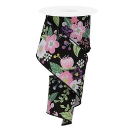 Graphic Florals Wired Edge Ribbon, 10 Yards (2.5 Inch, Black)