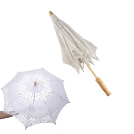 GUEDKIKL White Lace Parasol Umbrella, Cotton Embroidery Bridal Umbrella with Wooden Handle Vintage Wedding Bridal Lace Sunshade Umbrella Ornament for Costume Photography Prop