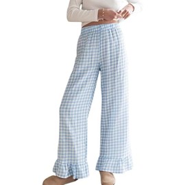 Women's Striped Gingham Boxer Pants Plaid Pajama Lounge Pj Bottoms Elastic Waist Loose Beach Trousers with Pockets