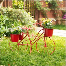 glitzhome 28.75" L Metal Bicycle Plant Stand Hand Painted Standing Planter Flower Holder Indoor Outdoor Home Garden Patio Decor,Red