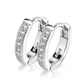 Sterling Silver & Genuine Crystal Huggie Hoop Earring (Silver)
