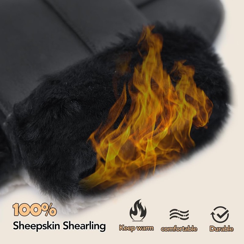 MGGMOKAY Women's Lambskin Shearling Mittens Warm Winter Leather Gloves, black