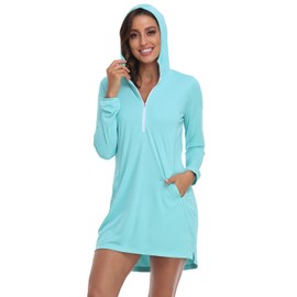 HDE Beach Coverups for Women UPF 50 Long Sleeve Swim Cover Up Dress with Hood Blue - M