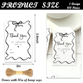 Whaline 100Pcs Black Bow Thank You Paper Gift Tags Cute Bow Knot Hanging Blank Labels with Hemp Rope for Coquette Birthday Party DIY Crafts Supplies