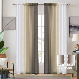 Ombre Faux Linen Sheer Curtains for Bedroom Living Room Rod Pocket, Privacy and Light Filtering, 2 Tone Reversible Gradient Voile Semi Window Curtains, Set of 2 Panels, Brown, 54 x 96 Inch Length