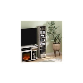 HomeStock Fresh Space Saving Multimedia Storage Tower 5.75D x 12.75W x 54.10H Inches French Oak with Adjustable Shelves for Storage and Display