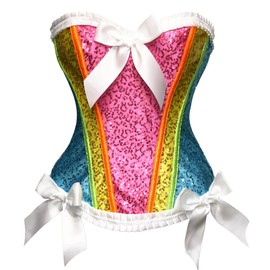 bslingerie Womens Waist Cincher Boned Corset With Brocade (Large, Rainbow)