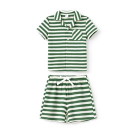 PATPAT Family Matching Summer Outfits: Ribbed Knit Striped Kids' Unisex Shirt and Shorts - Daddy Mommy and Me Matching Set for Family Photos Outings Vacations, Green Stripe, Kids, 4-5 Years