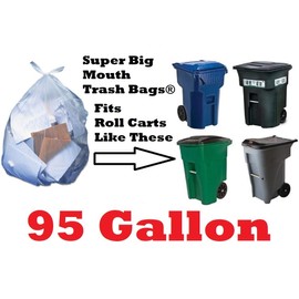 95 Gallon CLEAR Super Big Mouth Trash Bags - 2-MIL - 50-PACK Plus 5 Free Rubber Band Tie-Down