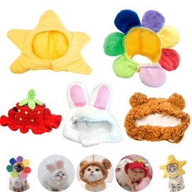 5 Pieces Cat Hat Adorable Cat Costume Outfit Bunny Hat with Ears Funny Mane Hat for Cats and Small Dogs Kitten Puppy Party Costume Accessory Headwear (Brown Bear-Flower-Starfish-Rabbit-Strawberry)