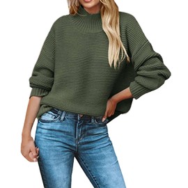 Ladies Fall Winter Wool Knit Solid Color Round Neck High Neck Loose Version Suitable for Daily Work Wear to Party Wear Lohas Time Casual Style Pullover Sweater Long Sleeve Fine Knit (AB-Green, L)
