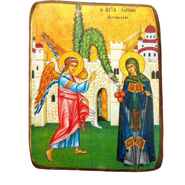 Wooden Greek Christian Orthodox Wood Icon of Saint Irene Chrysovalantou / A0