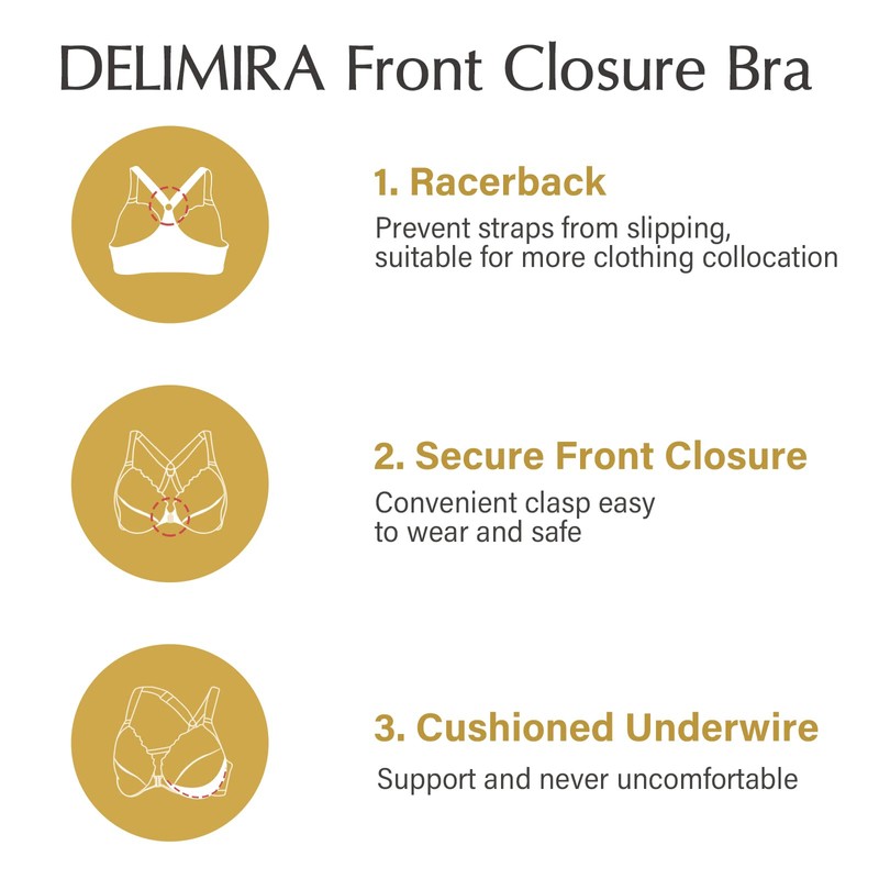Delimira Women's Front Fastening Bra Racer Back Lace Plus Size