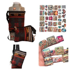 T1-BR Fabric Water Bottle Carrier – Includes Coin Pouch + 3D & Waterproof Sticker Packs, Adjustable Strap – Kit for Travel, Gym, Beach, Hiking, Walking, Biking & Daily Adventures (Brown)