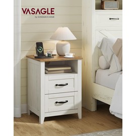 VASAGLE LIRY Collection - Farmhouse Nightstands with Charging Station, Set of 2 Bedside Tables, Side Tables with 2 Drawers, Open Compartment, for Bedroom, Rustic White and Honey Brown ULET869W01