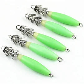 Taicols Squid Jig Fishing Lure, 5 Pcs Luminous Calamari jigs Hooks, Plastic Baits Tackle Fishing Gear Artificial Spinner Lures Kit Jig Hook Luminous Tail Glow in Dark Metal Jig Metal Jig Lure (Green)