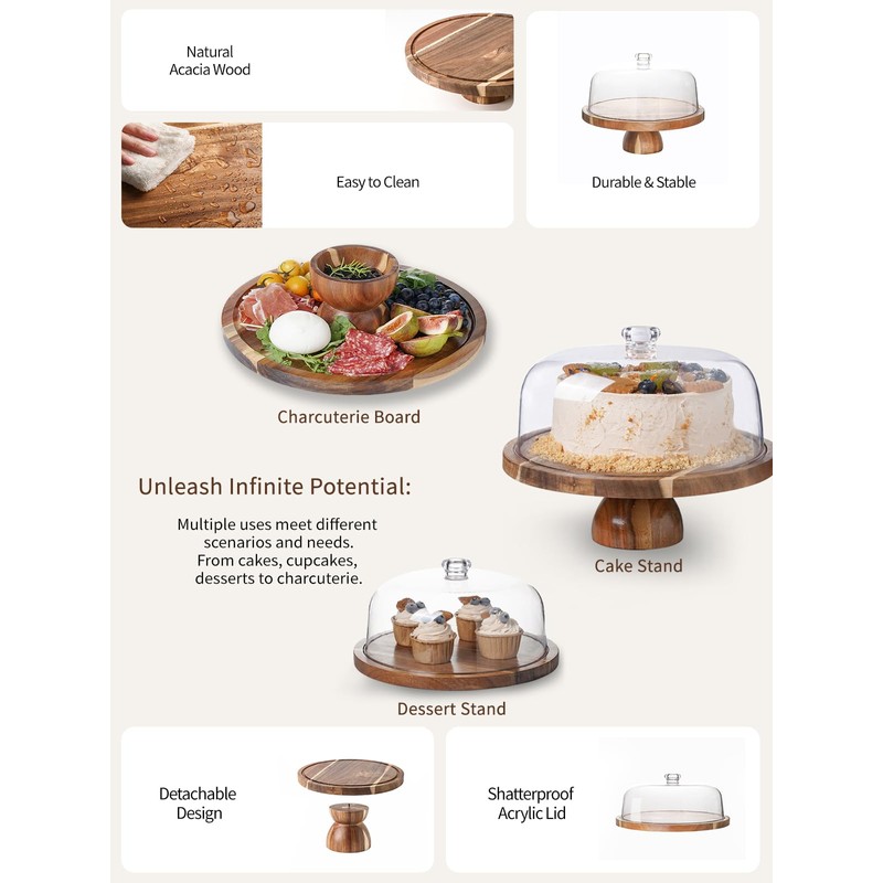 Kanwone Acacia Wood Cake Stand with Acrylic Lid - 12in