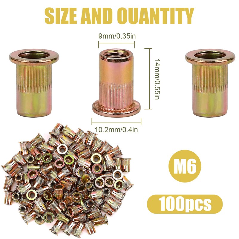Pack of 100 Rivet Nuts M6 Galvanised Carbon Steel, Flat