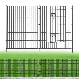 5 Panels No Dig Garden Fence with Gate, 34in(H) × 11.25ft(L) Decorative Metal Outdoor Dog Fence, Rustproof Pet Fencing for Yard, Patio, Flower Bed -Temporary Fencing| Easy to Install