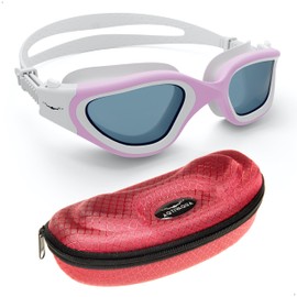 AqtivAqua Polarized Swim Goggles Swimming Goggles for Adult Men Women Kids 6-14 Youth Girls Boys Childrens DX-P (White&Pink frame, Red case, Polarised lens)