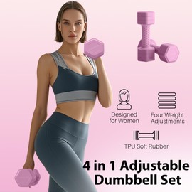 Adjustable Dumbbell Set of 2, 4 in 1 Free Weights Dumbbells Set for Women at Home, 5 lb Weights Dumbbells Set with Non-slip Comfort Handle for Home Gym Exercise Workout Training (Pink)